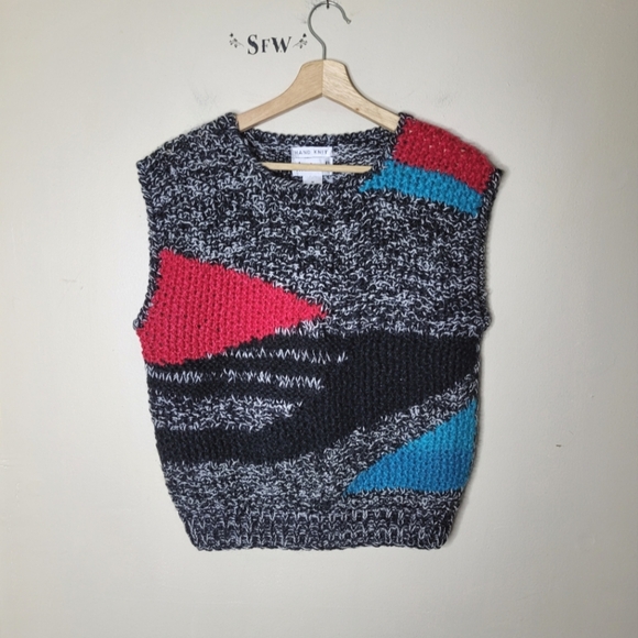 Vintage 80s Hand Knit Sweater Vest S Abstract New Wave Geometric Retro Korea - Picture 2 of 7